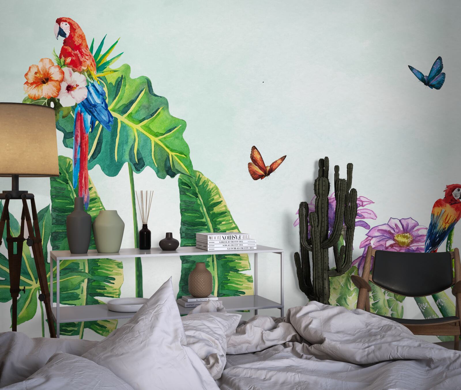 Fotobehang kleurrijke papegaaien en vlinders verschijnen tussen het groen