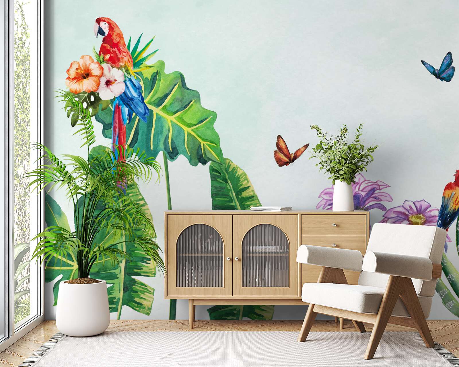 Fotobehang kleurrijke papegaaien en vlinders verschijnen tussen het groen