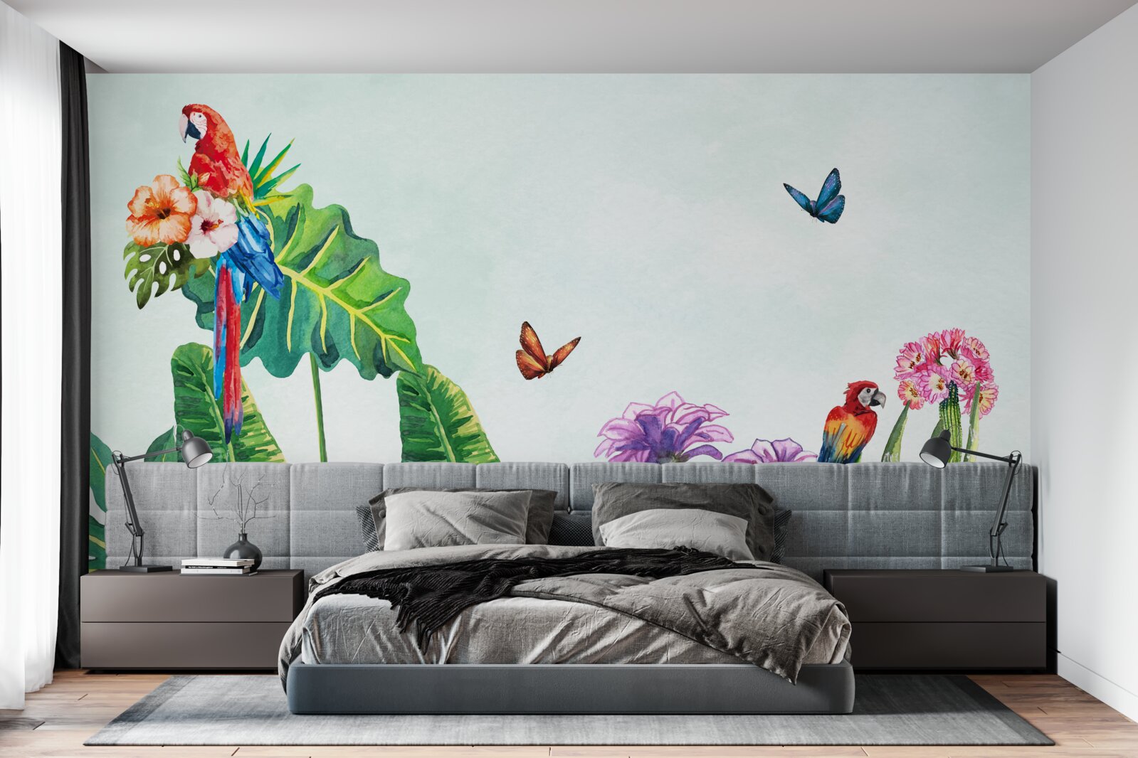 Fotobehang kleurrijke papegaaien en vlinders verschijnen tussen het groen