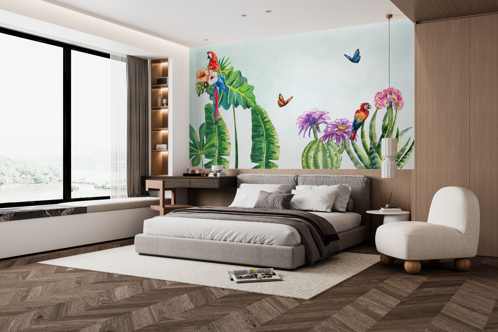 Fotobehang kleurrijke papegaaien en vlinders verschijnen tussen het groen