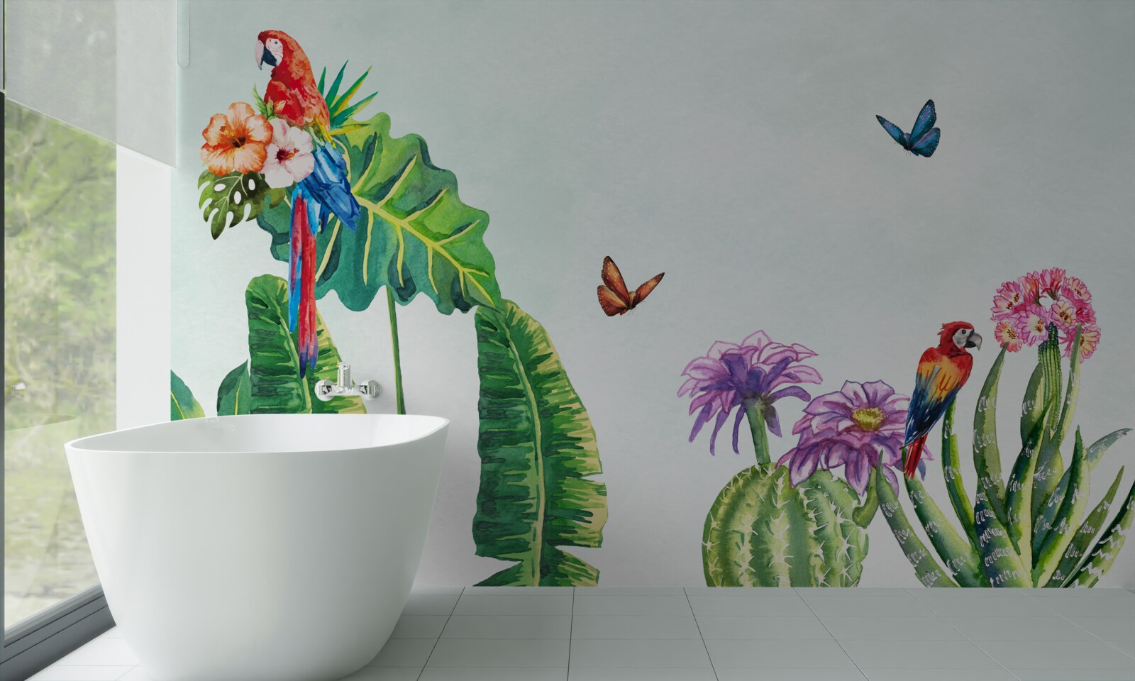 Fotobehang kleurrijke papegaaien en vlinders verschijnen tussen het groen
