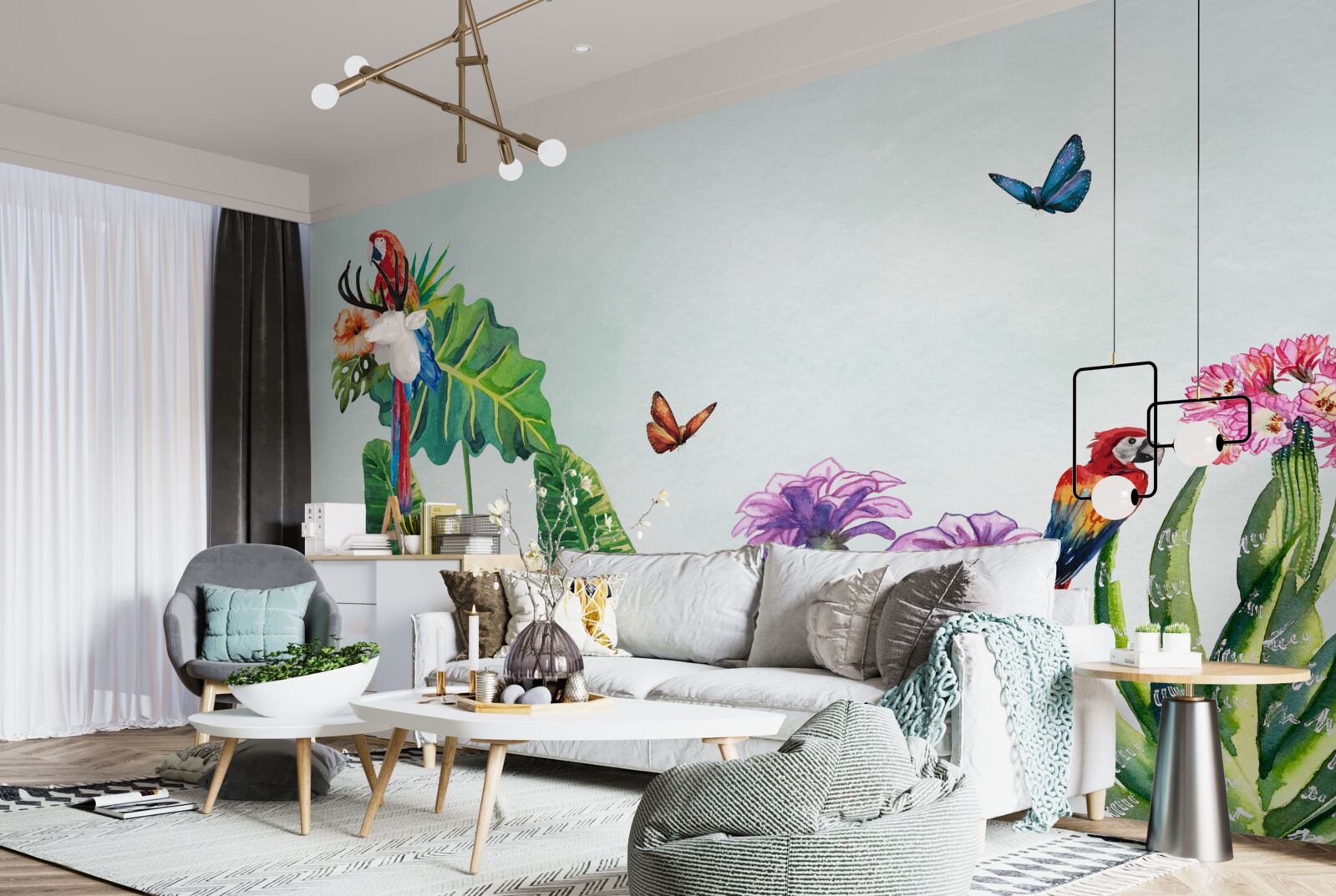 Fotobehang kleurrijke papegaaien en vlinders verschijnen tussen het groen