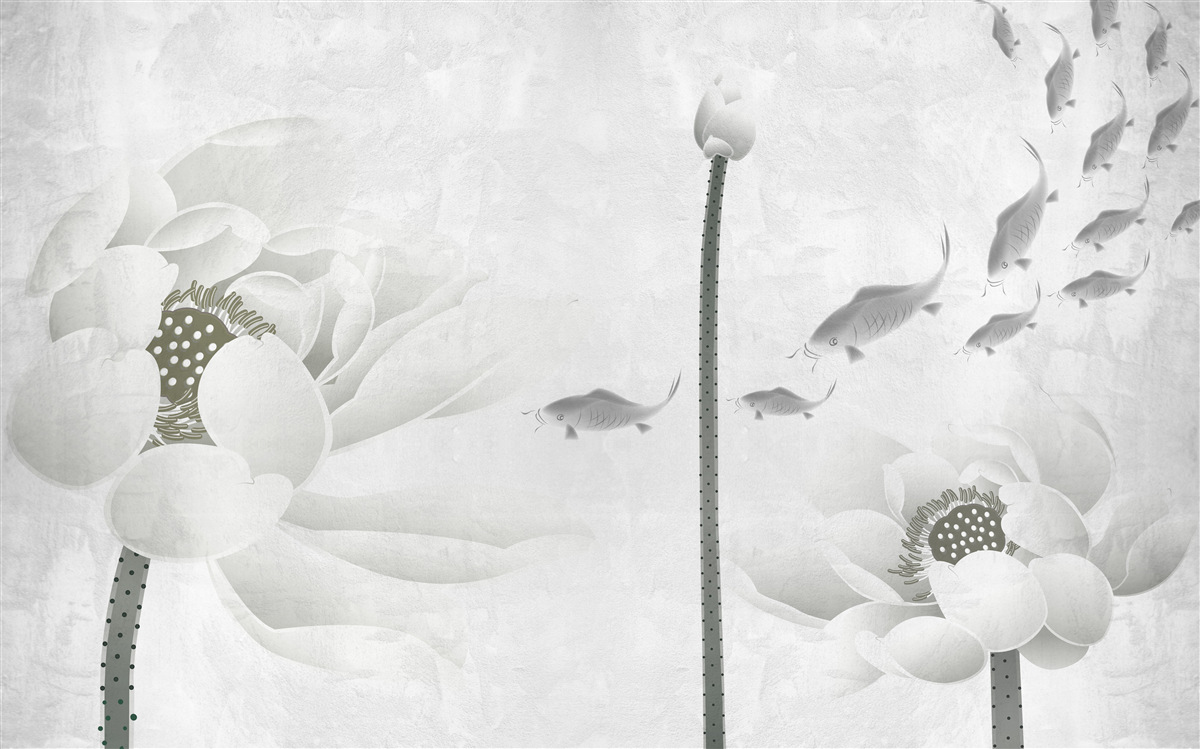 Fotobehang witte bloemen kijken toe hoe vissen voorbij zwemmen