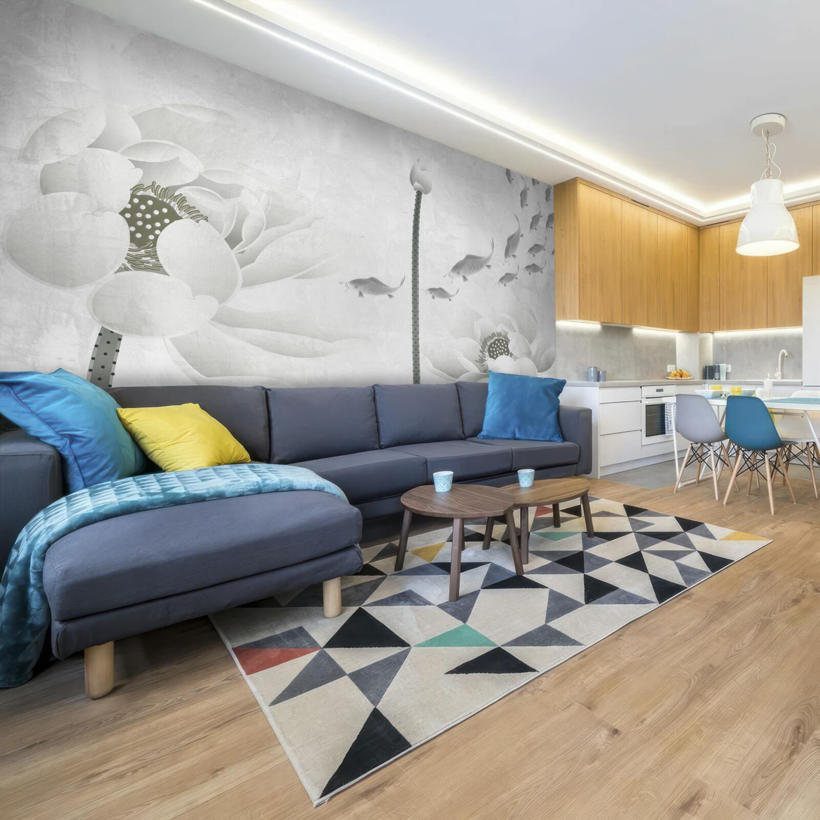 Fotobehang witte bloemen kijken toe hoe vissen voorbij zwemmen