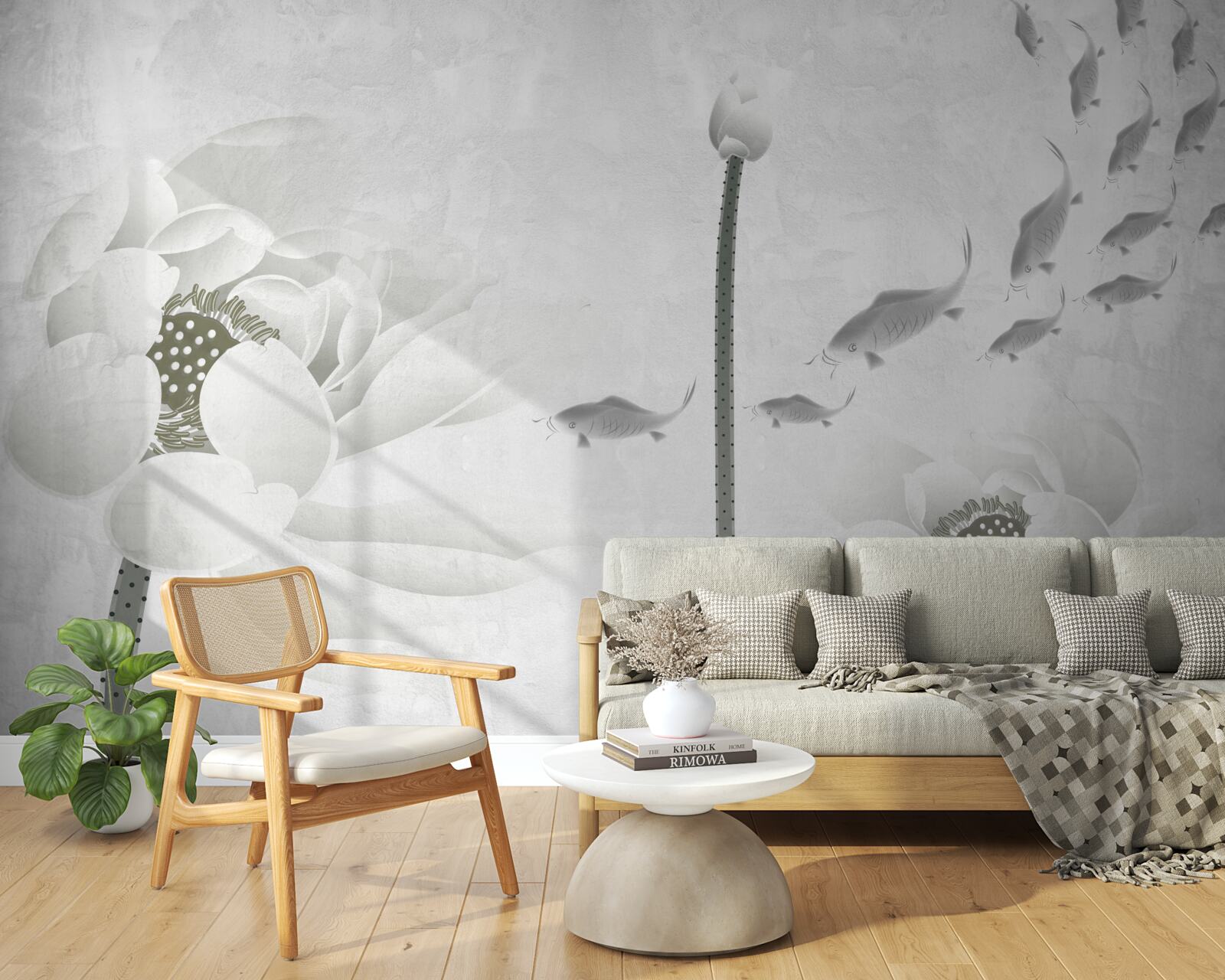 Fotobehang witte bloemen kijken toe hoe vissen voorbij zwemmen