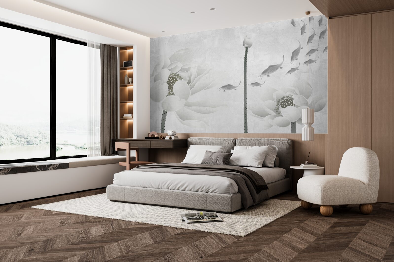 Fotobehang witte bloemen kijken toe hoe vissen voorbij zwemmen