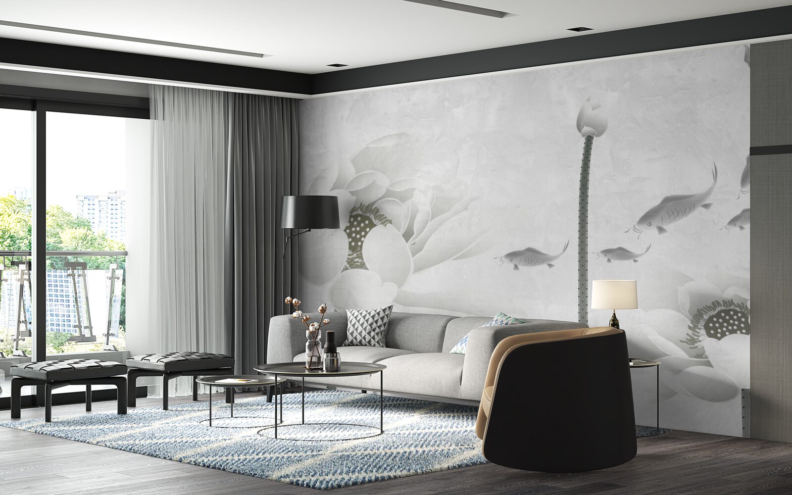 Fotobehang witte bloemen kijken toe hoe vissen voorbij zwemmen