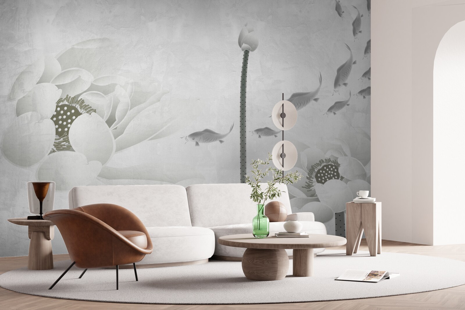 Fotobehang witte bloemen kijken toe hoe vissen voorbij zwemmen