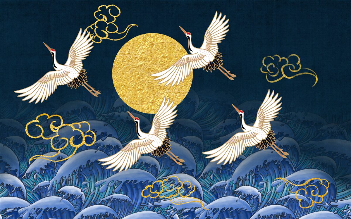 Fotobehang groep kraanvogels op weg naar hun huis