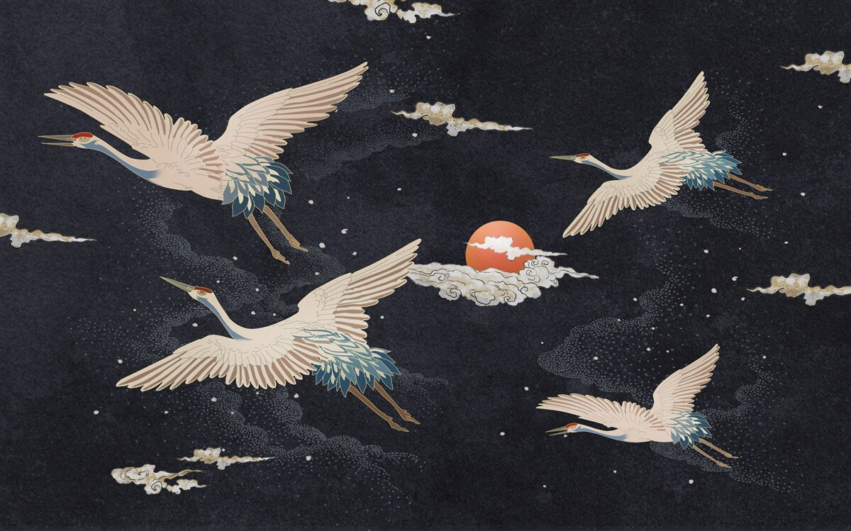 Fotobehang Kraanvogels vliegen weg op zoek naar warmte