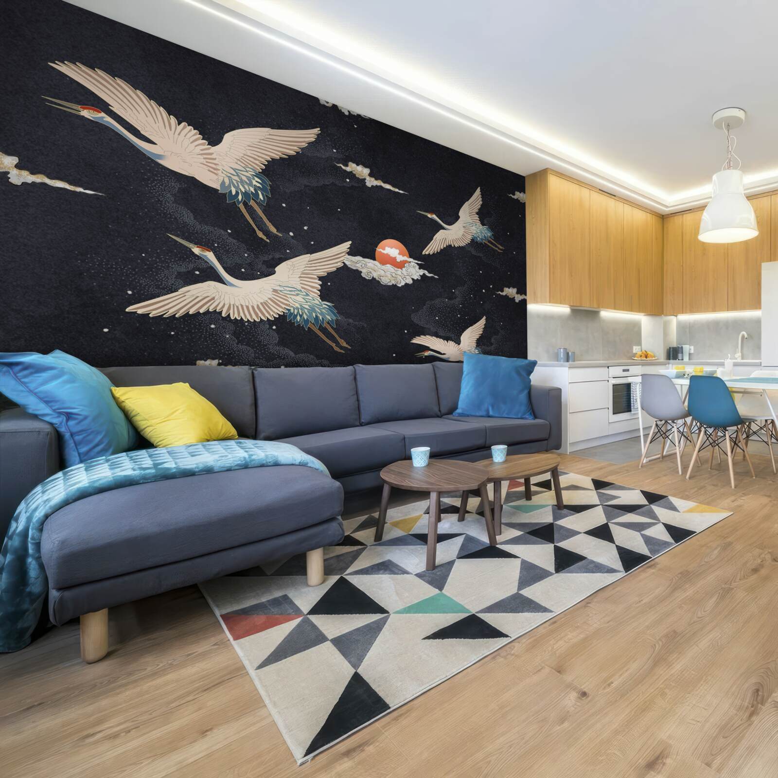 Fotobehang Kraanvogels vliegen weg op zoek naar warmte