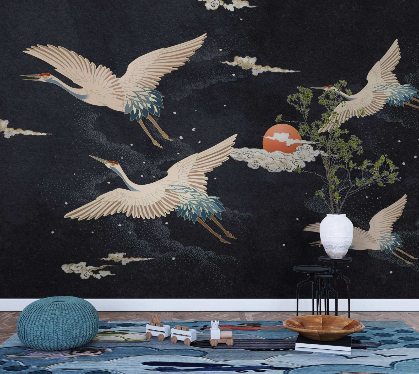 Fotobehang Kraanvogels vliegen weg op zoek naar warmte