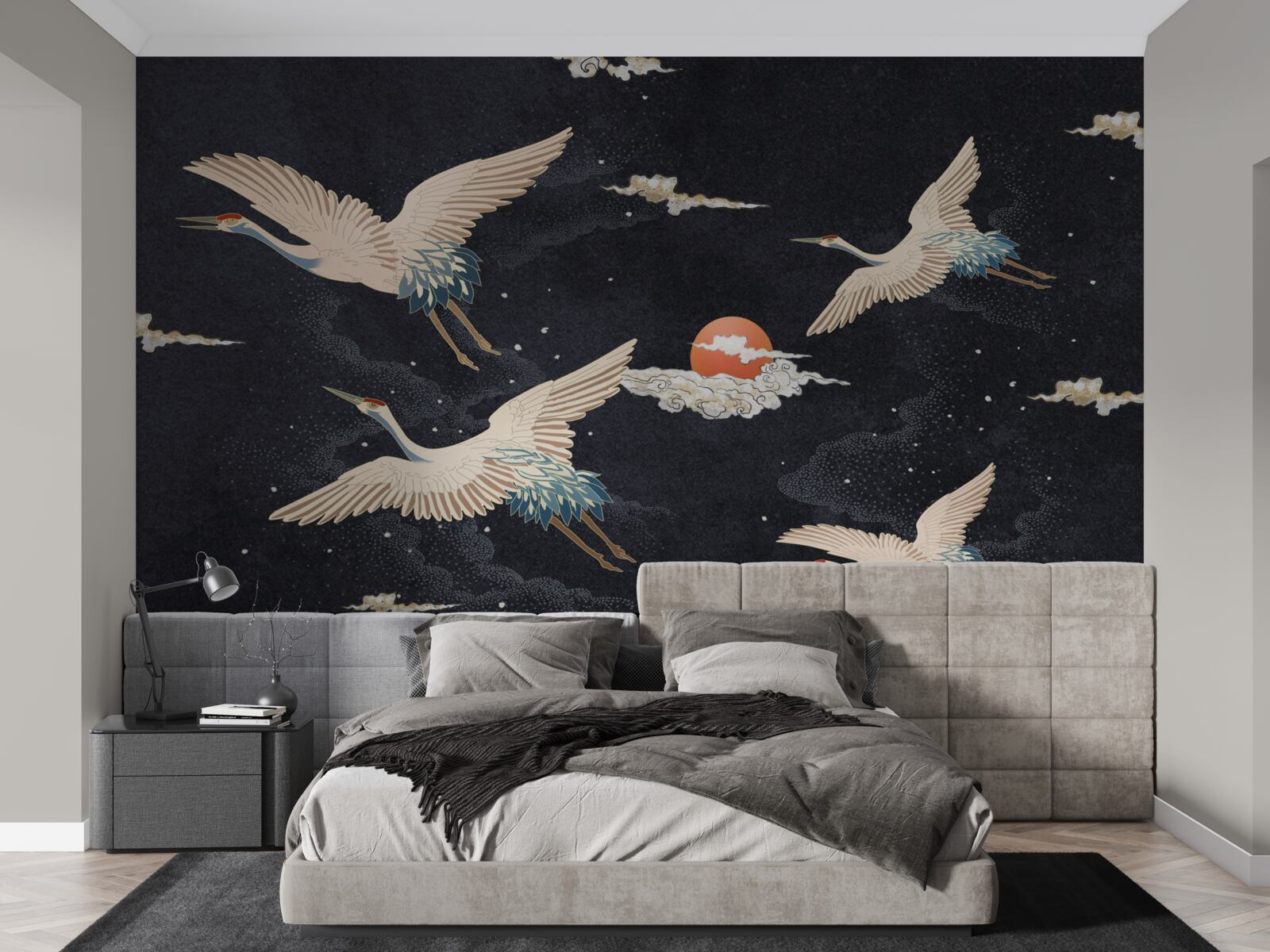 Fotobehang Kraanvogels vliegen weg op zoek naar warmte