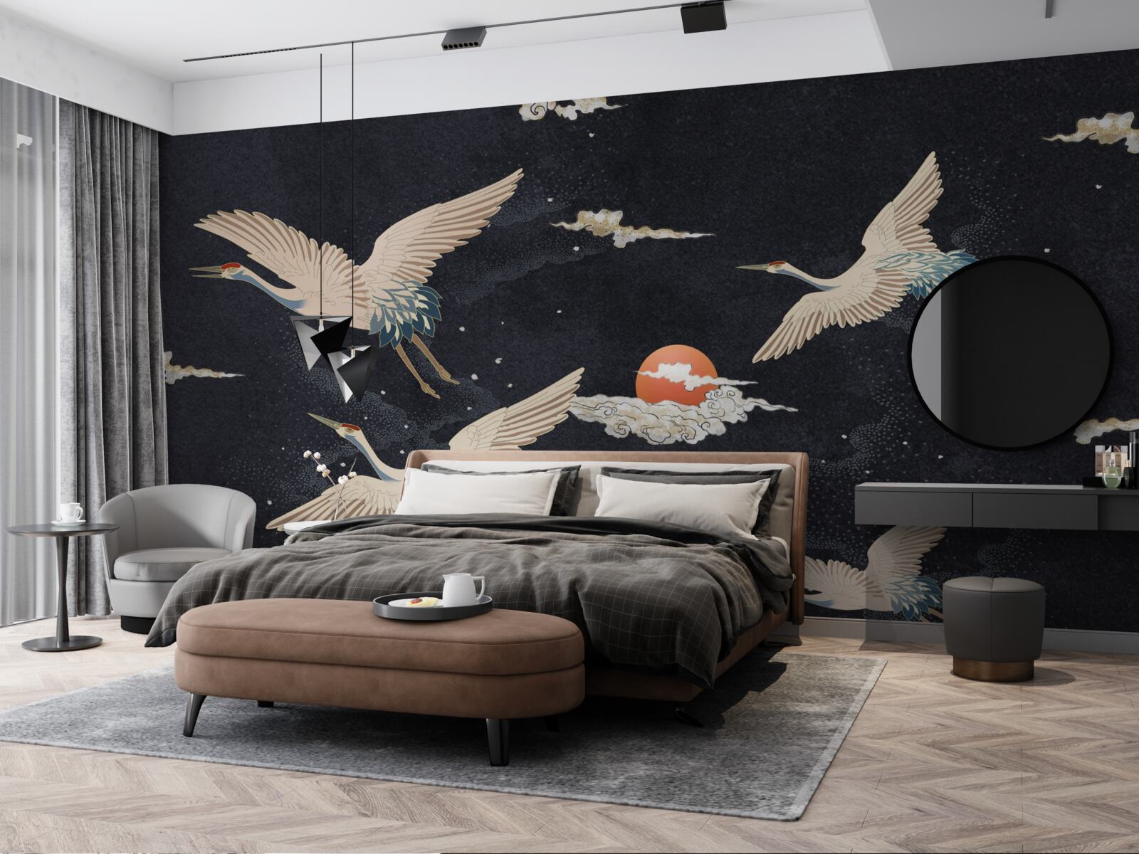 Fotobehang Kraanvogels vliegen weg op zoek naar warmte