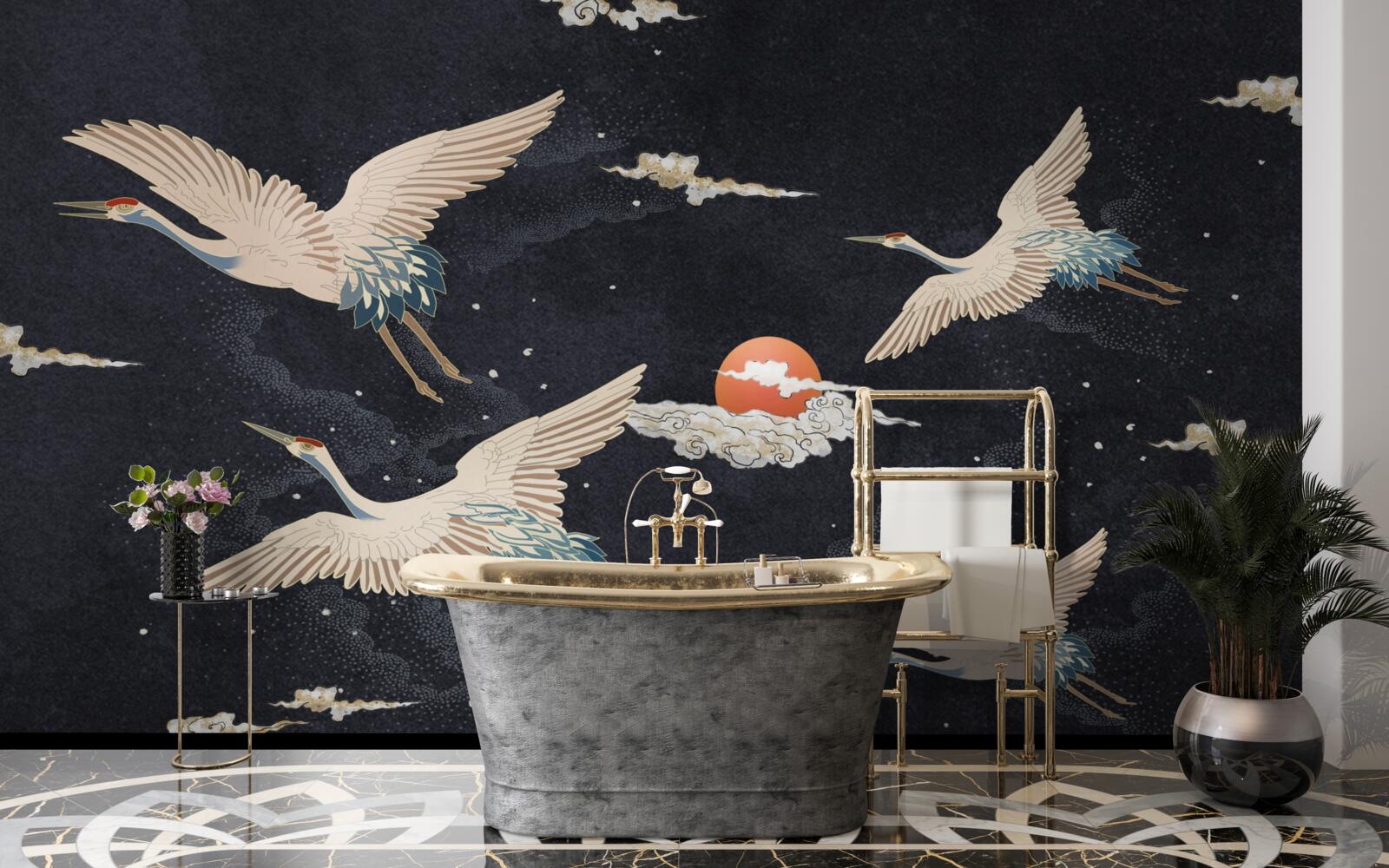 Fotobehang Kraanvogels vliegen weg op zoek naar warmte