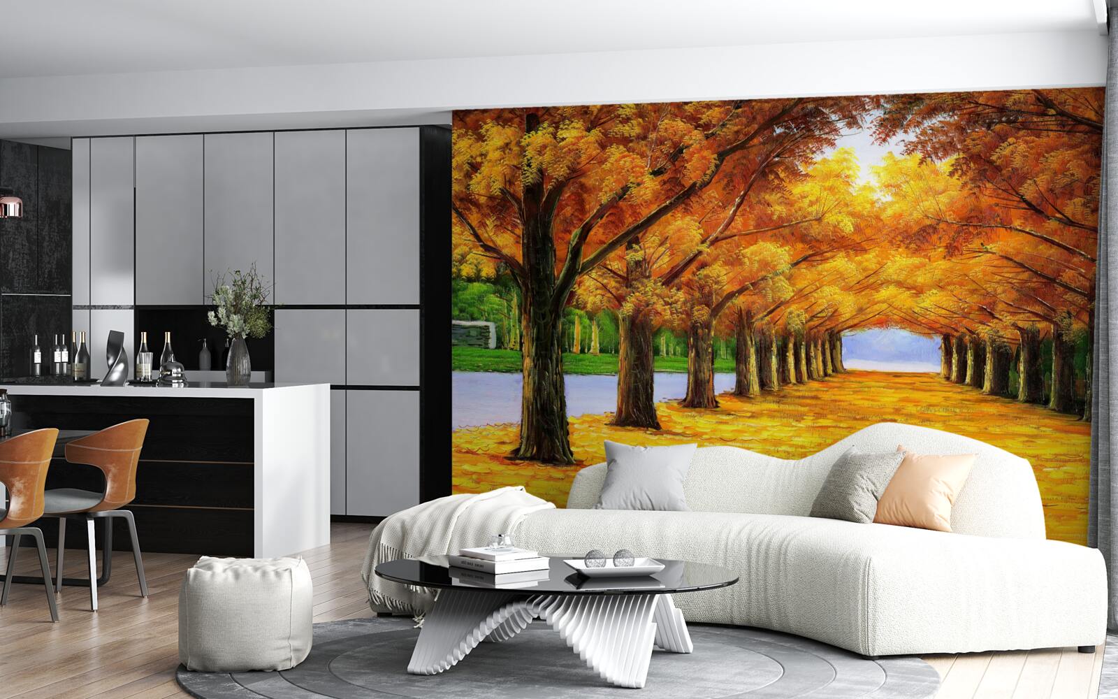 Fotobehang herfstperiode in een park met bomen bedekt met bladeren