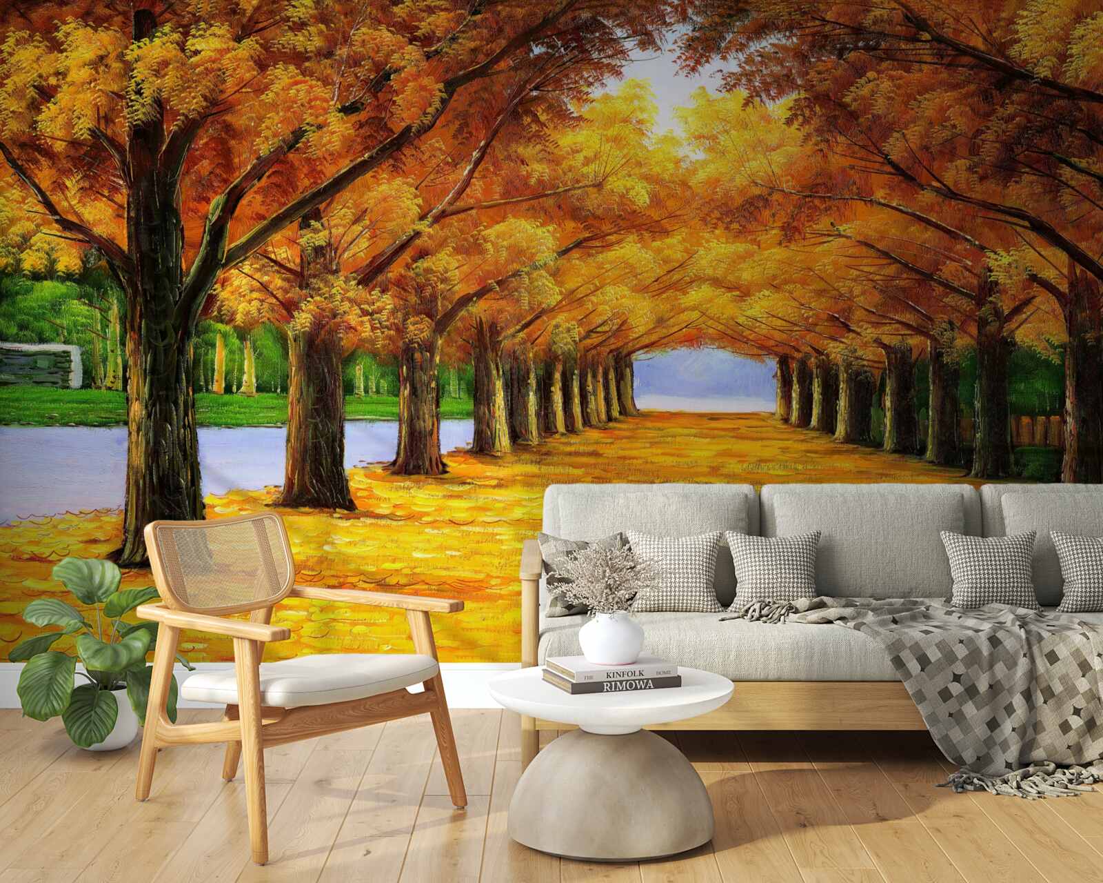 Fotobehang herfstperiode in een park met bomen bedekt met bladeren