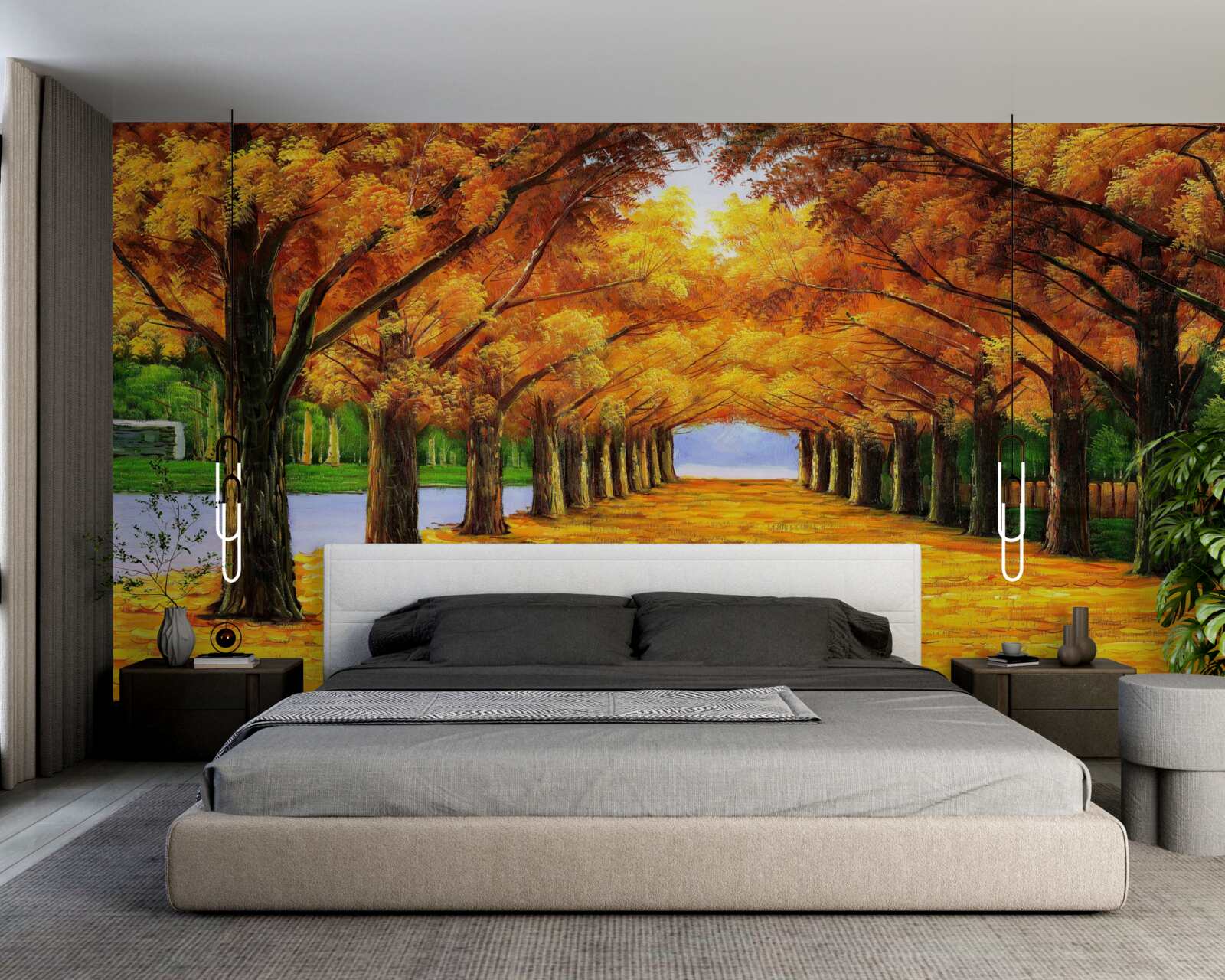 Fotobehang herfstperiode in een park met bomen bedekt met bladeren