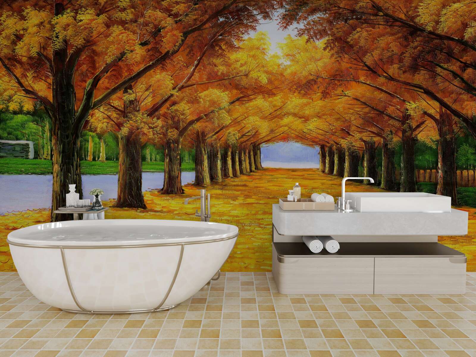 Fotobehang herfstperiode in een park met bomen bedekt met bladeren