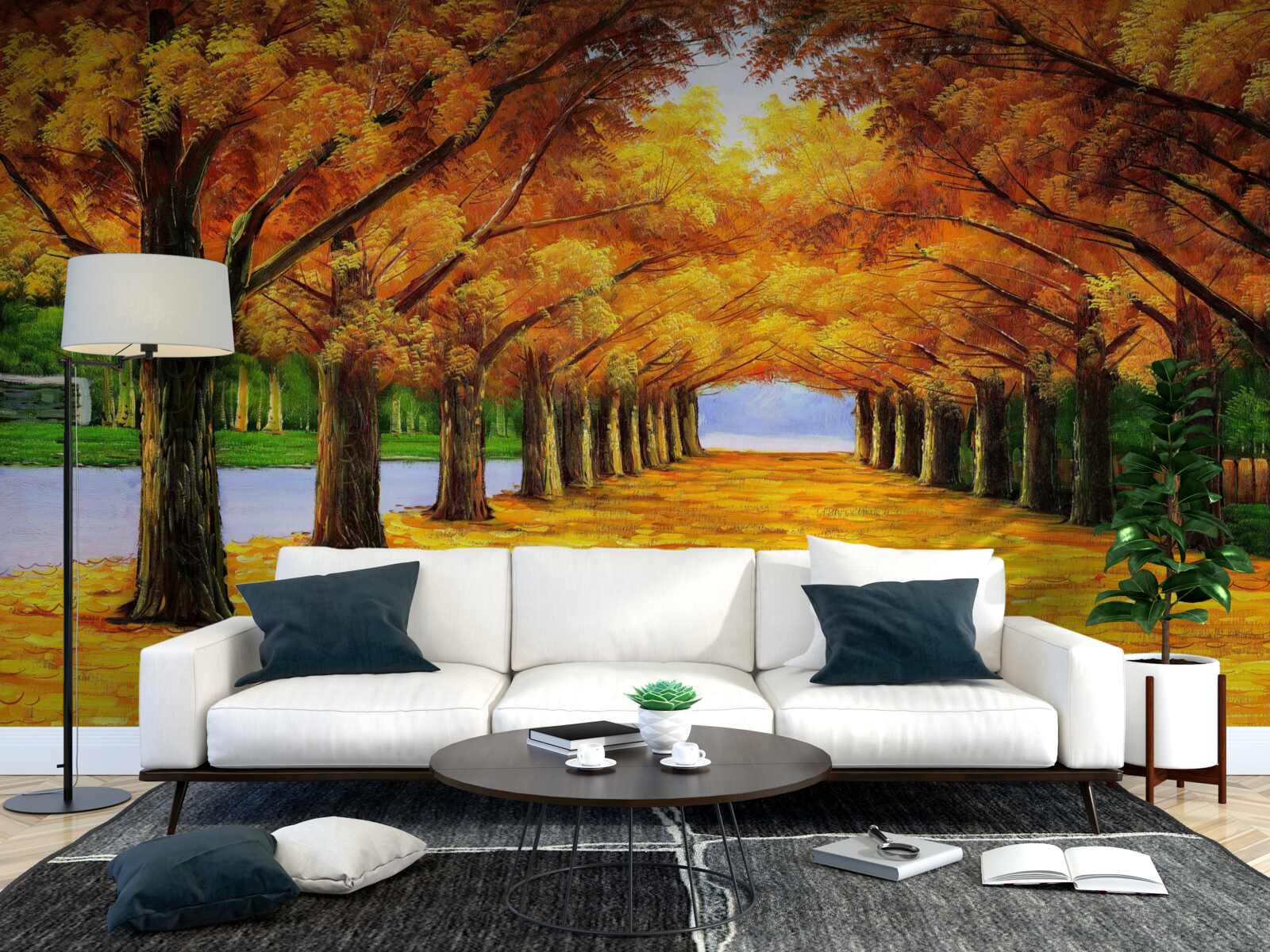 Fotobehang herfstperiode in een park met bomen bedekt met bladeren