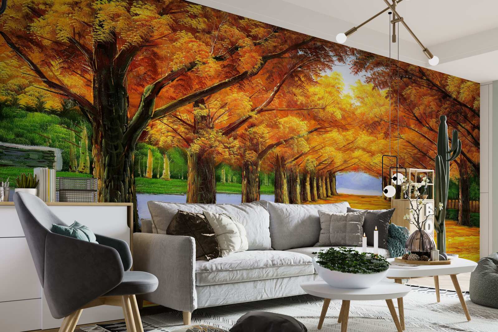 Fotobehang herfstperiode in een park met bomen bedekt met bladeren