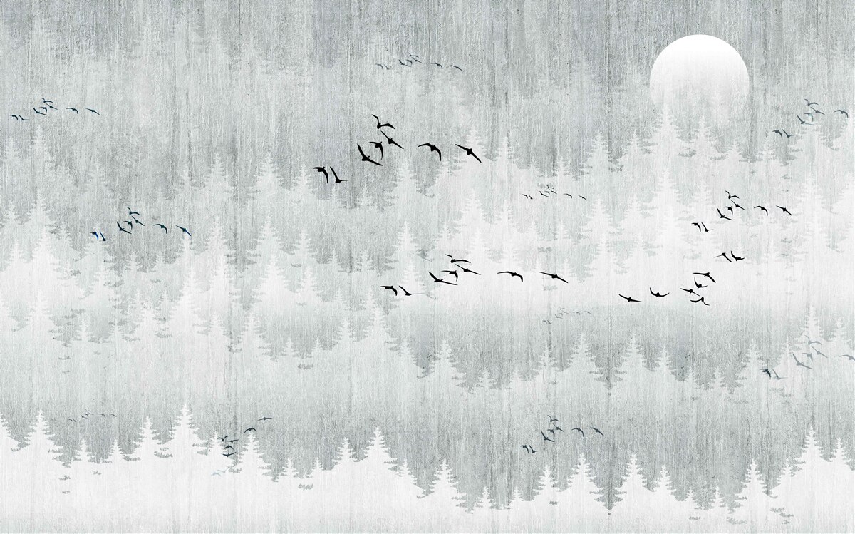 Fotobehang vogels vliegen over een in mist gehuld bos