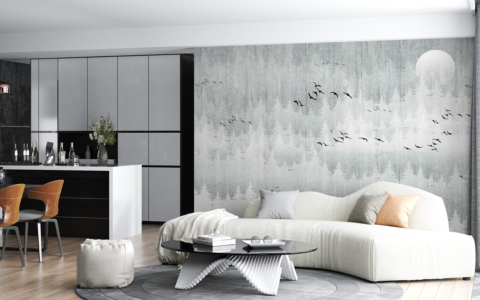 Fotobehang vogels vliegen over een in mist gehuld bos