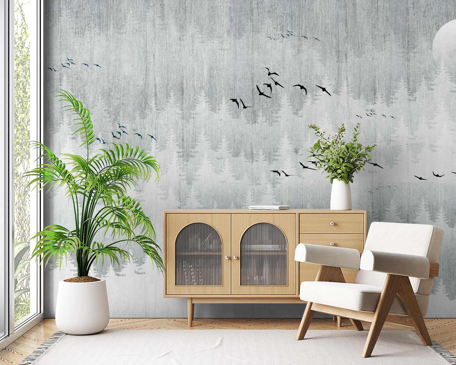 Fotobehang vogels vliegen over een in mist gehuld bos