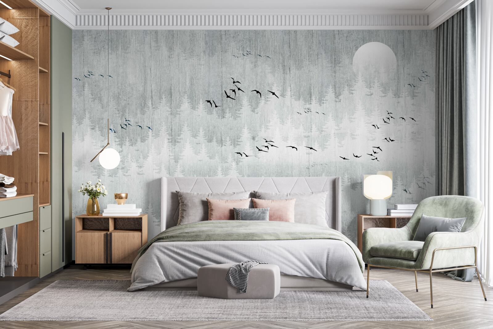 Fotobehang vogels vliegen over een in mist gehuld bos