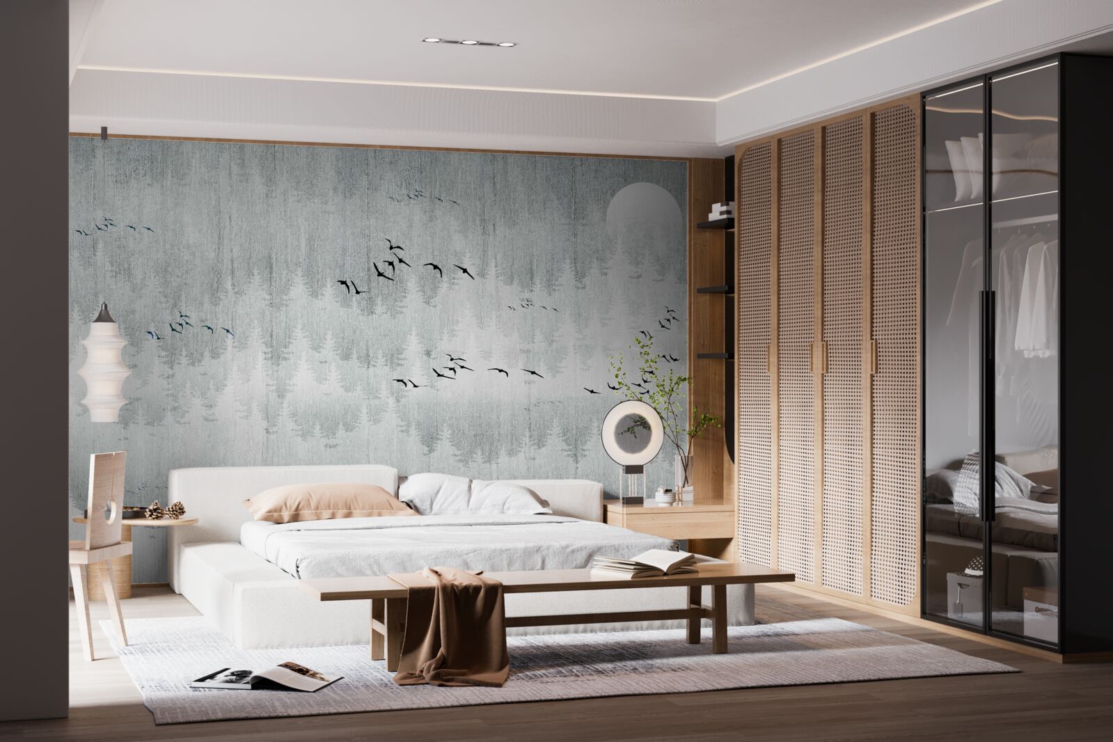 Fotobehang vogels vliegen over een in mist gehuld bos