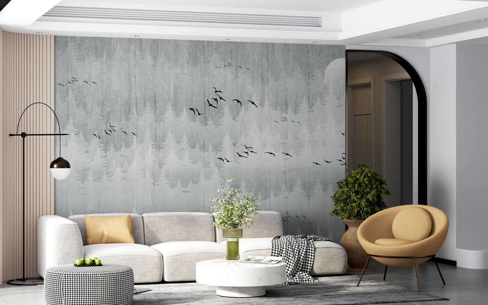 Fotobehang vogels vliegen over een in mist gehuld bos