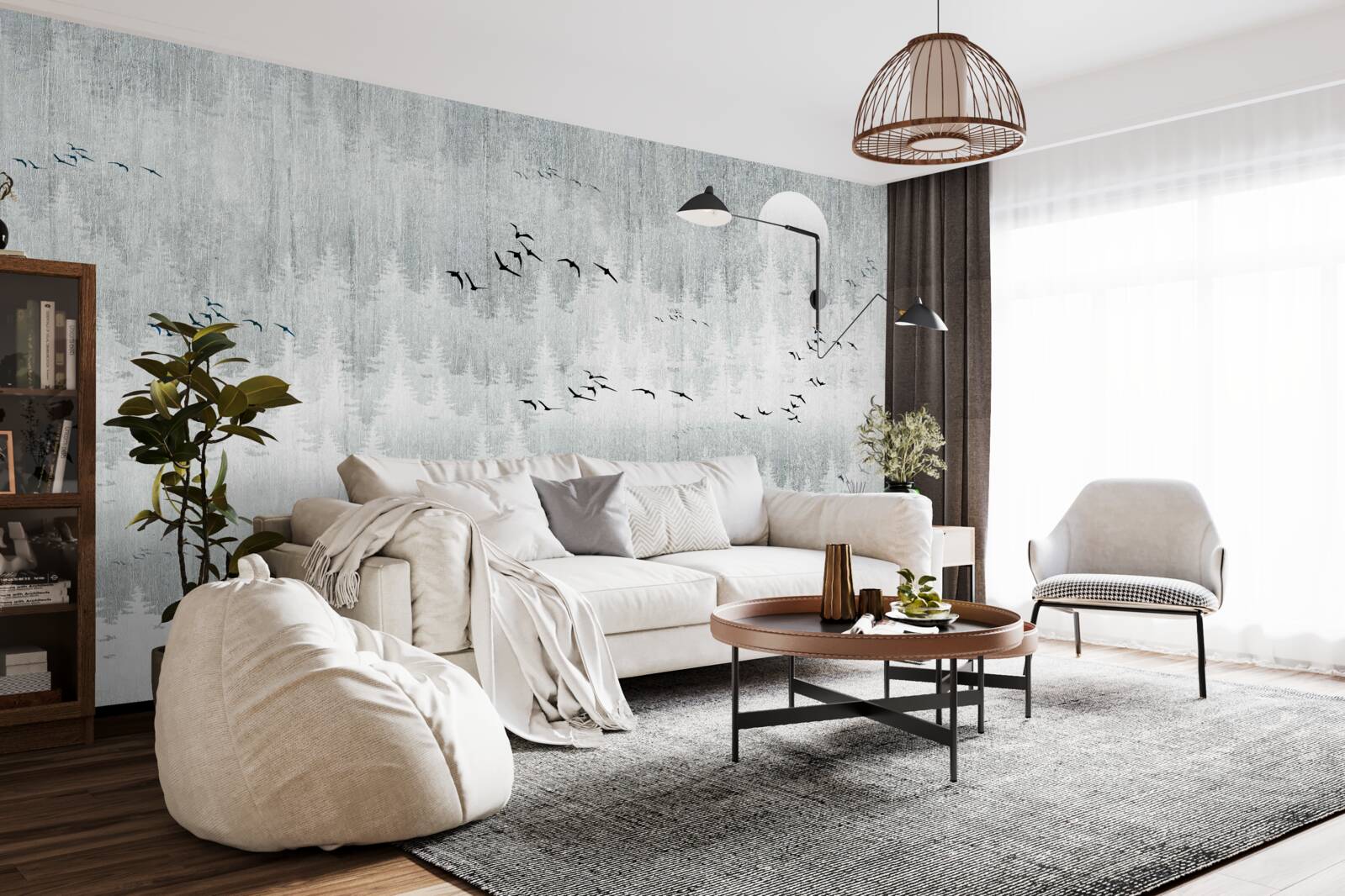 Fotobehang vogels vliegen over een in mist gehuld bos