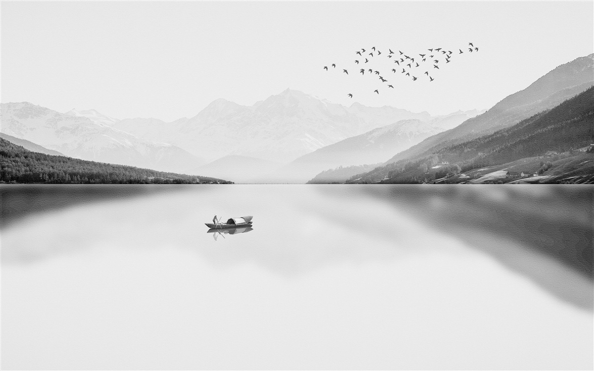 Fotobehang visser in het midden van een rustige vijver