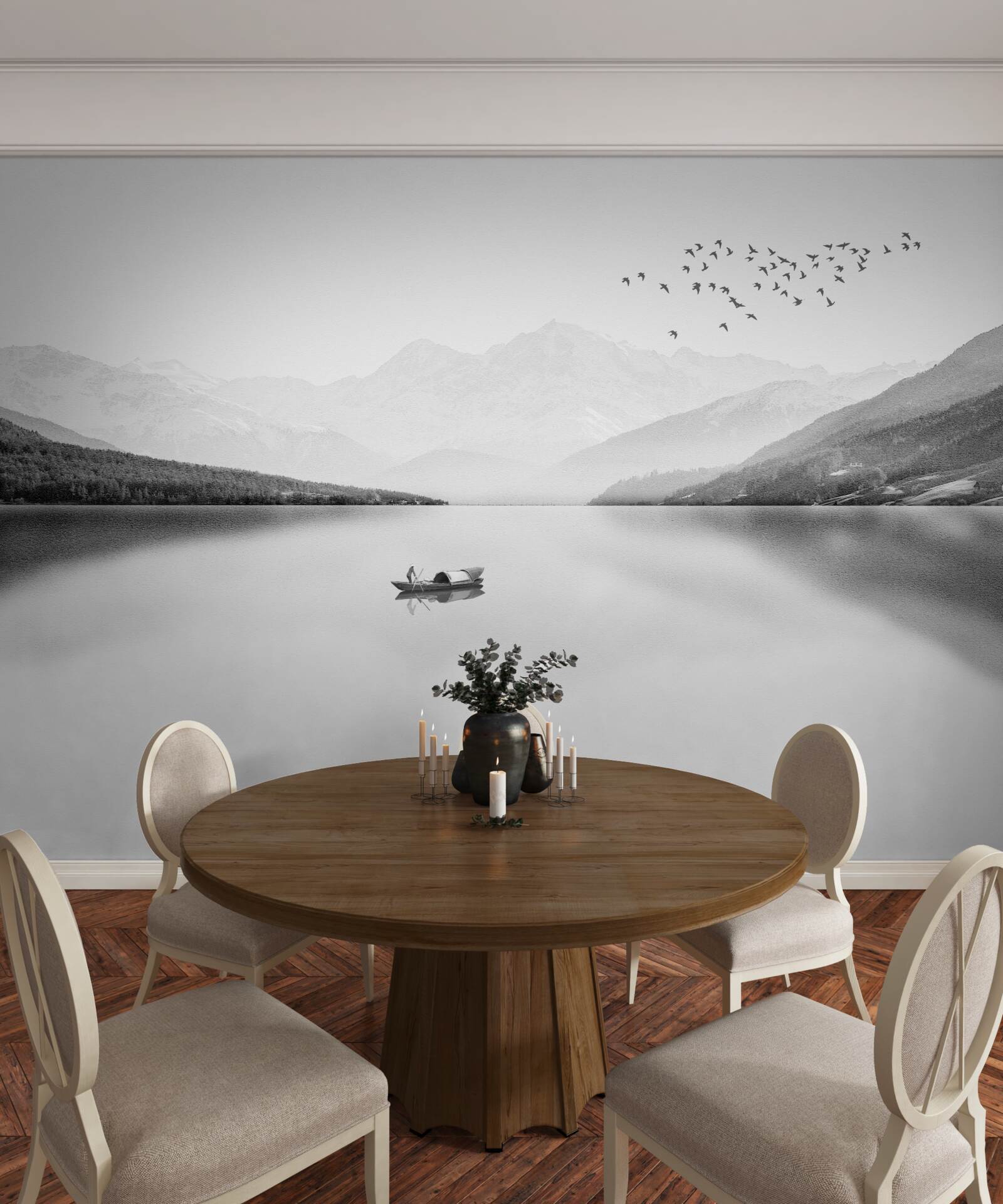 Fotobehang visser in het midden van een rustige vijver