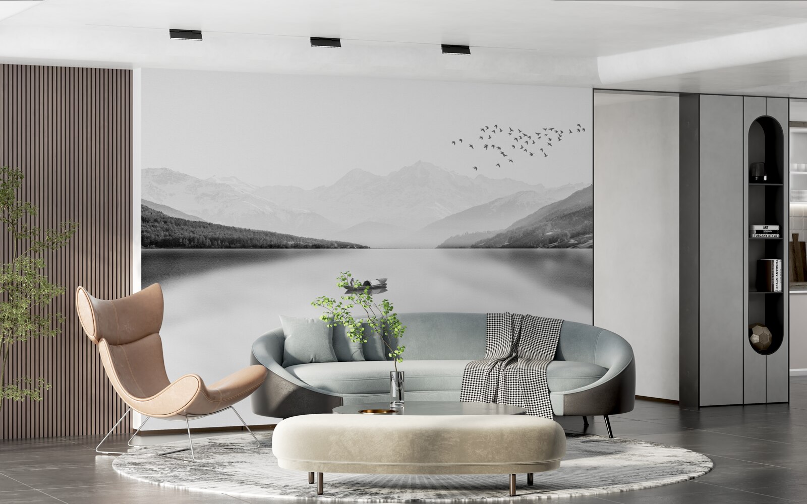 Fotobehang visser in het midden van een rustige vijver