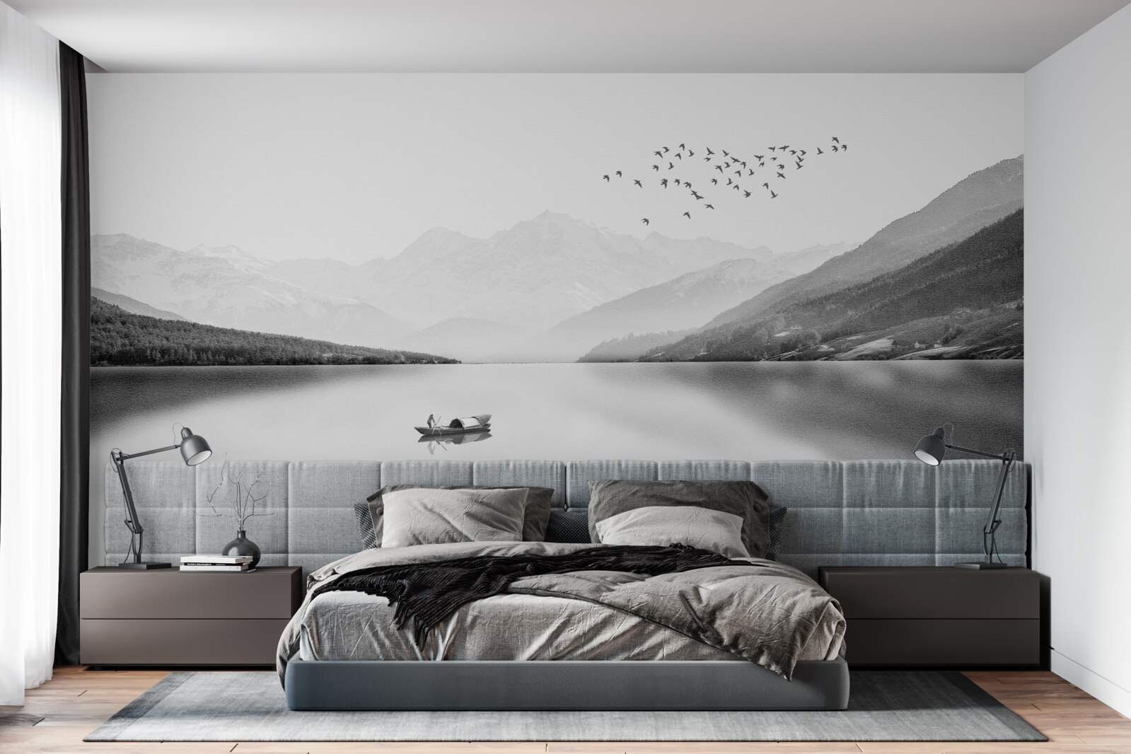 Fotobehang visser in het midden van een rustige vijver