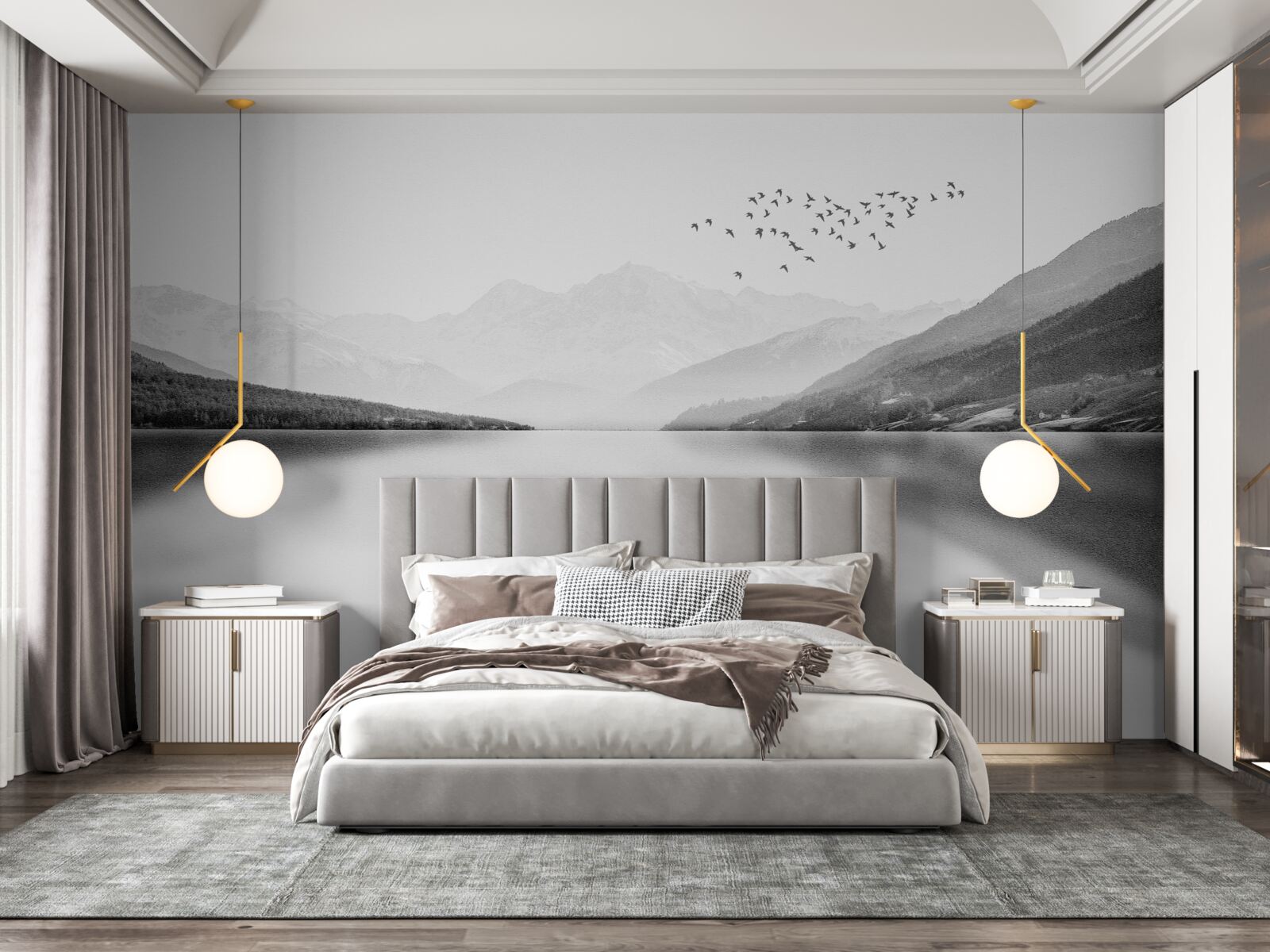 Fotobehang visser in het midden van een rustige vijver