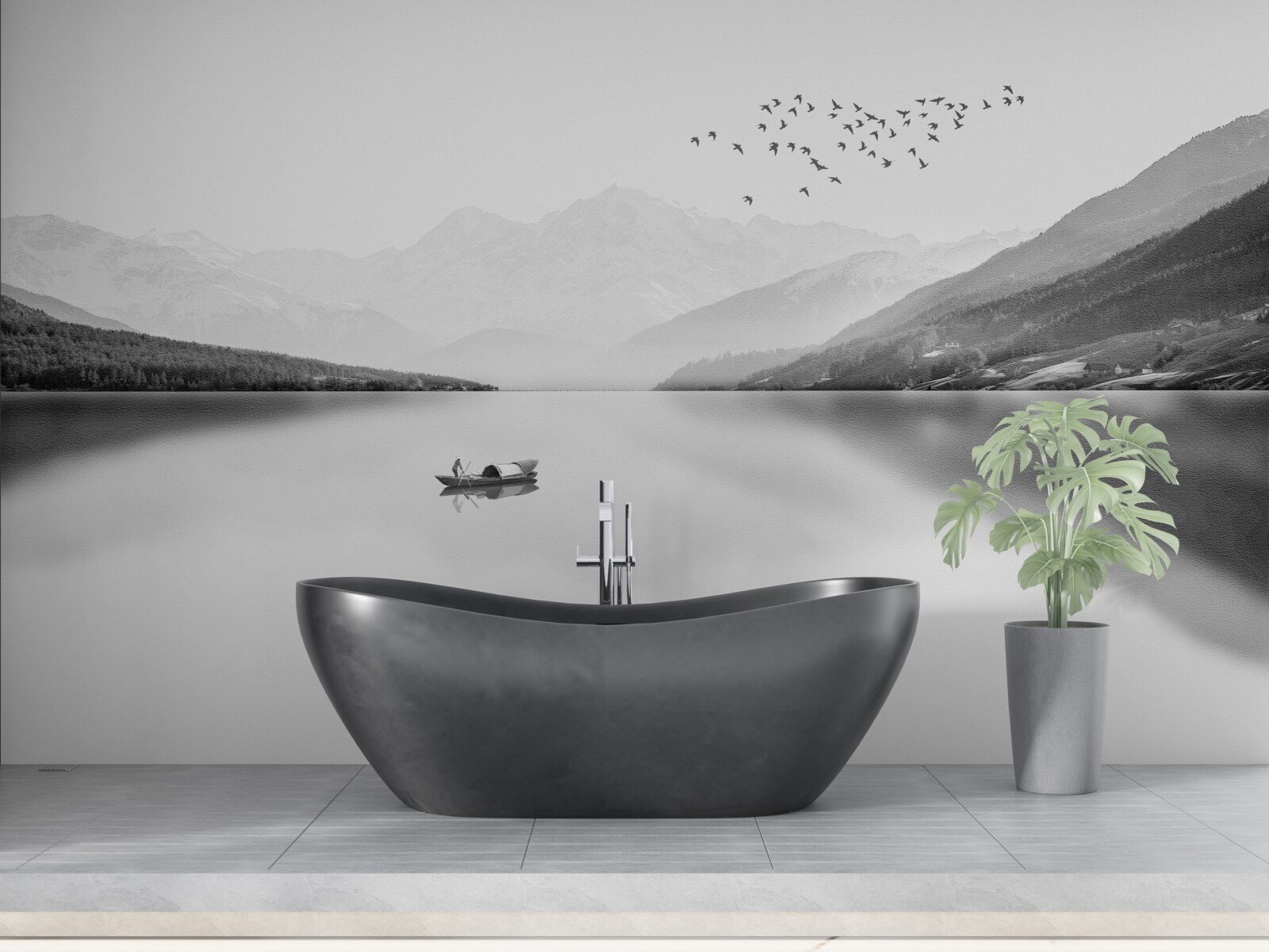 Fotobehang visser in het midden van een rustige vijver