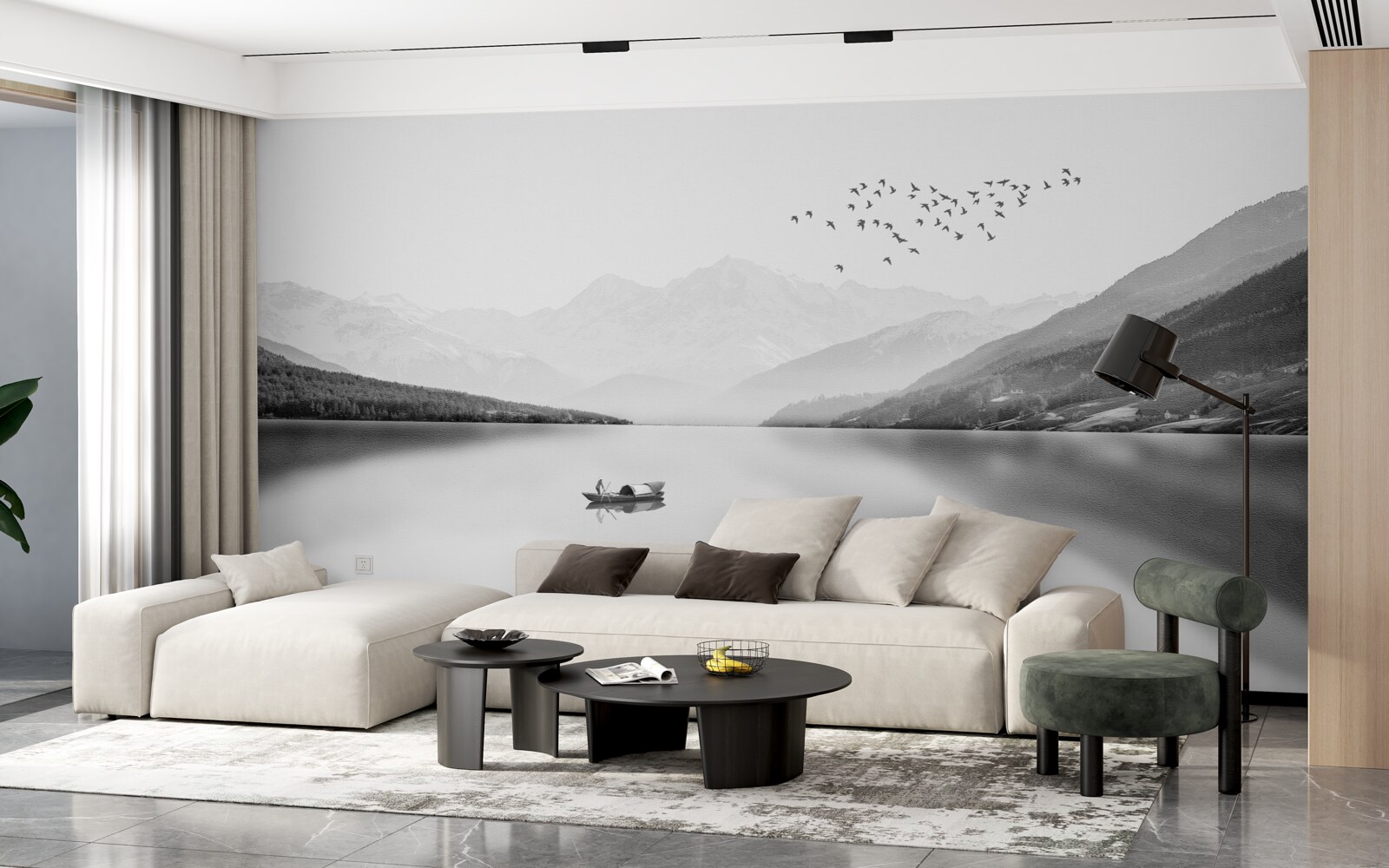 Fotobehang visser in het midden van een rustige vijver