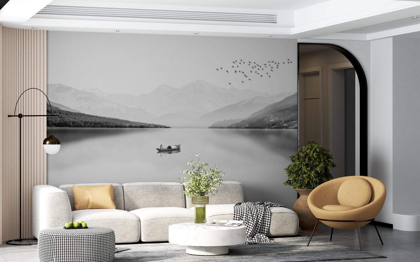 Fotobehang visser in het midden van een rustige vijver