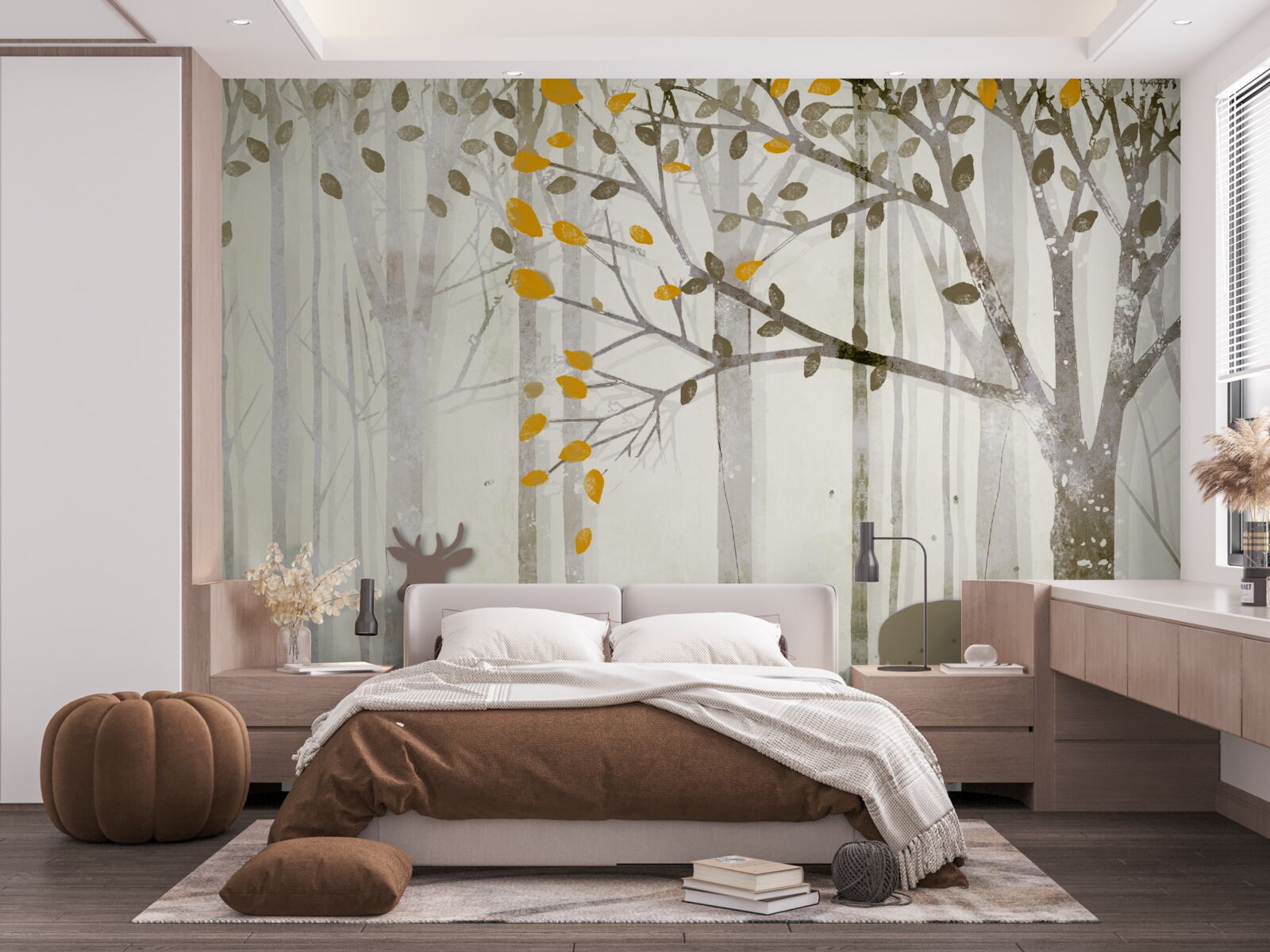 Fotobehang Het herfstbos, vol schoonheid, is het thuis van herten