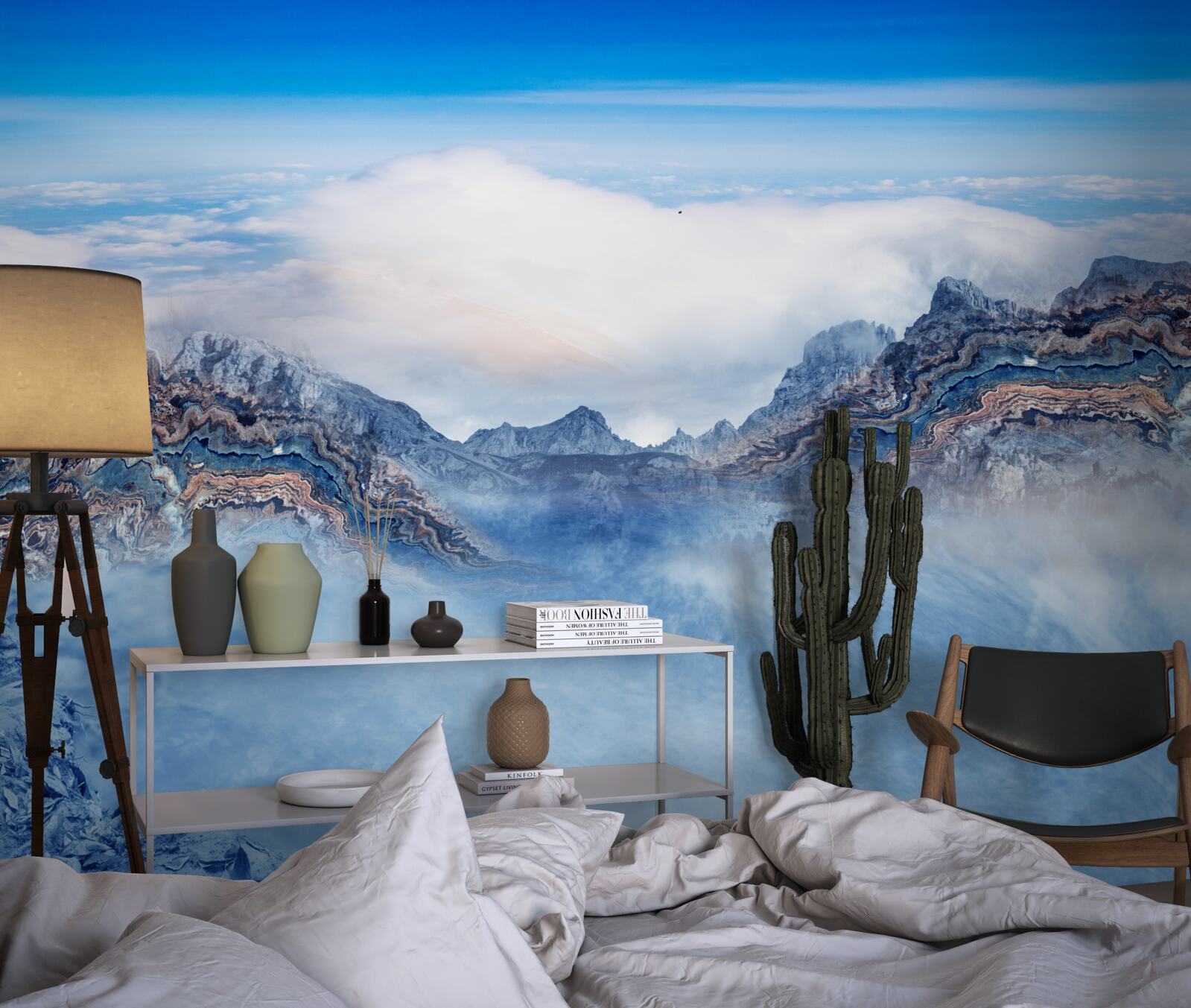 Fotobehang de rotsachtige pieken zijn gehuld in dichte mist