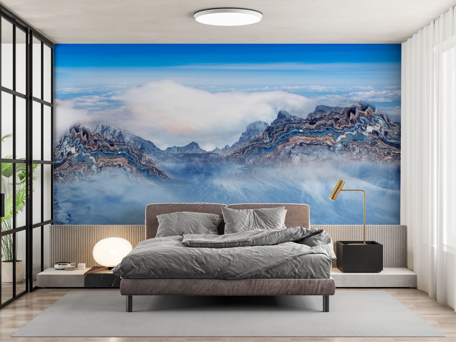 Fotobehang de rotsachtige pieken zijn gehuld in dichte mist