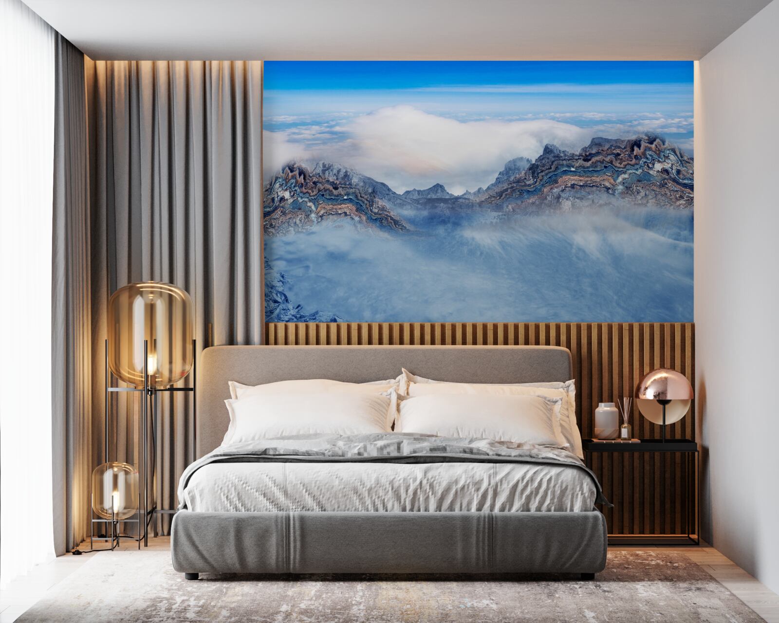 Fotobehang de rotsachtige pieken zijn gehuld in dichte mist