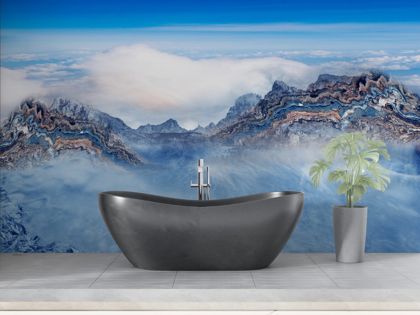 Fotobehang de rotsachtige pieken zijn gehuld in dichte mist