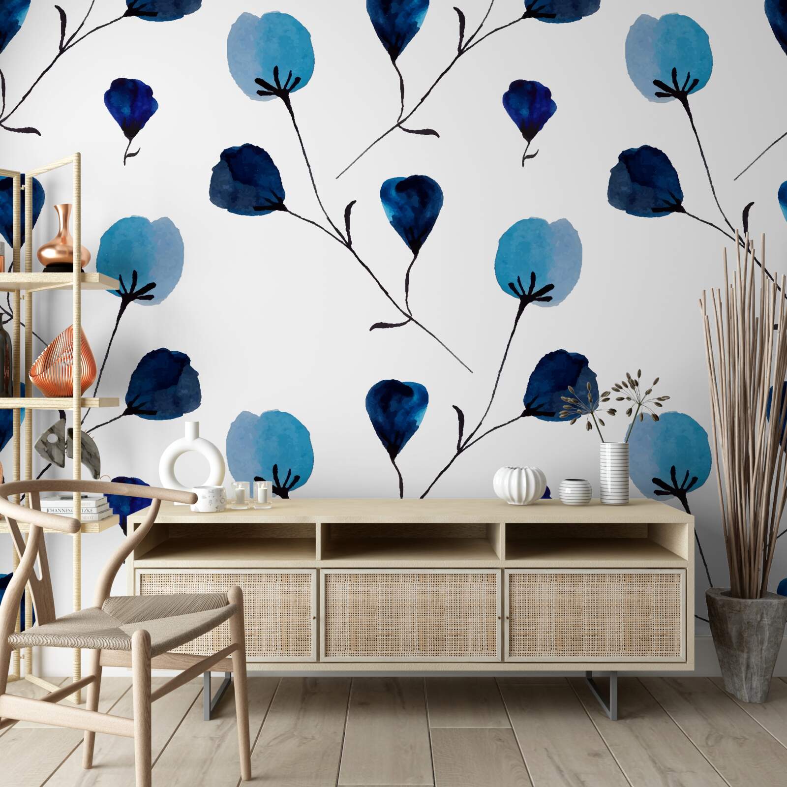 Fotobehang blauwe katoenen bloemen