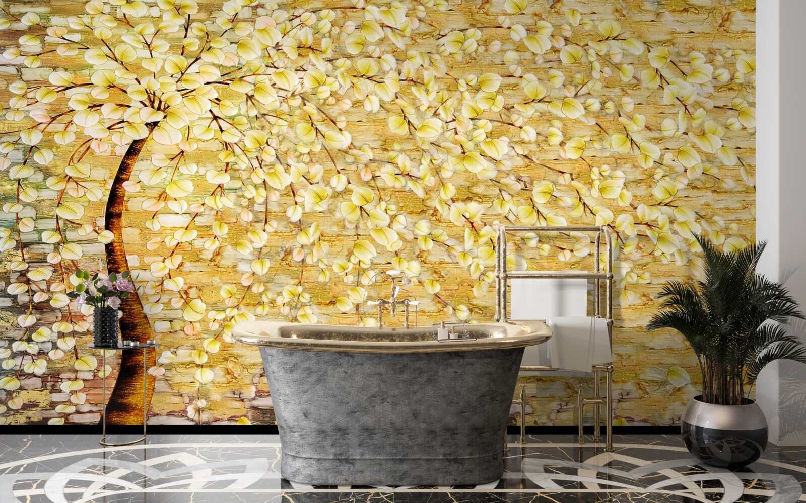 Fotobehang boom bezaaid met witte en gele bloemen