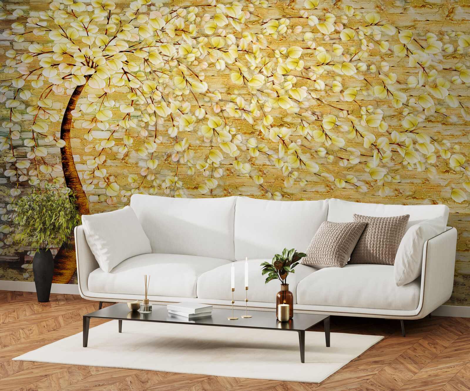 Fotobehang boom bezaaid met witte en gele bloemen