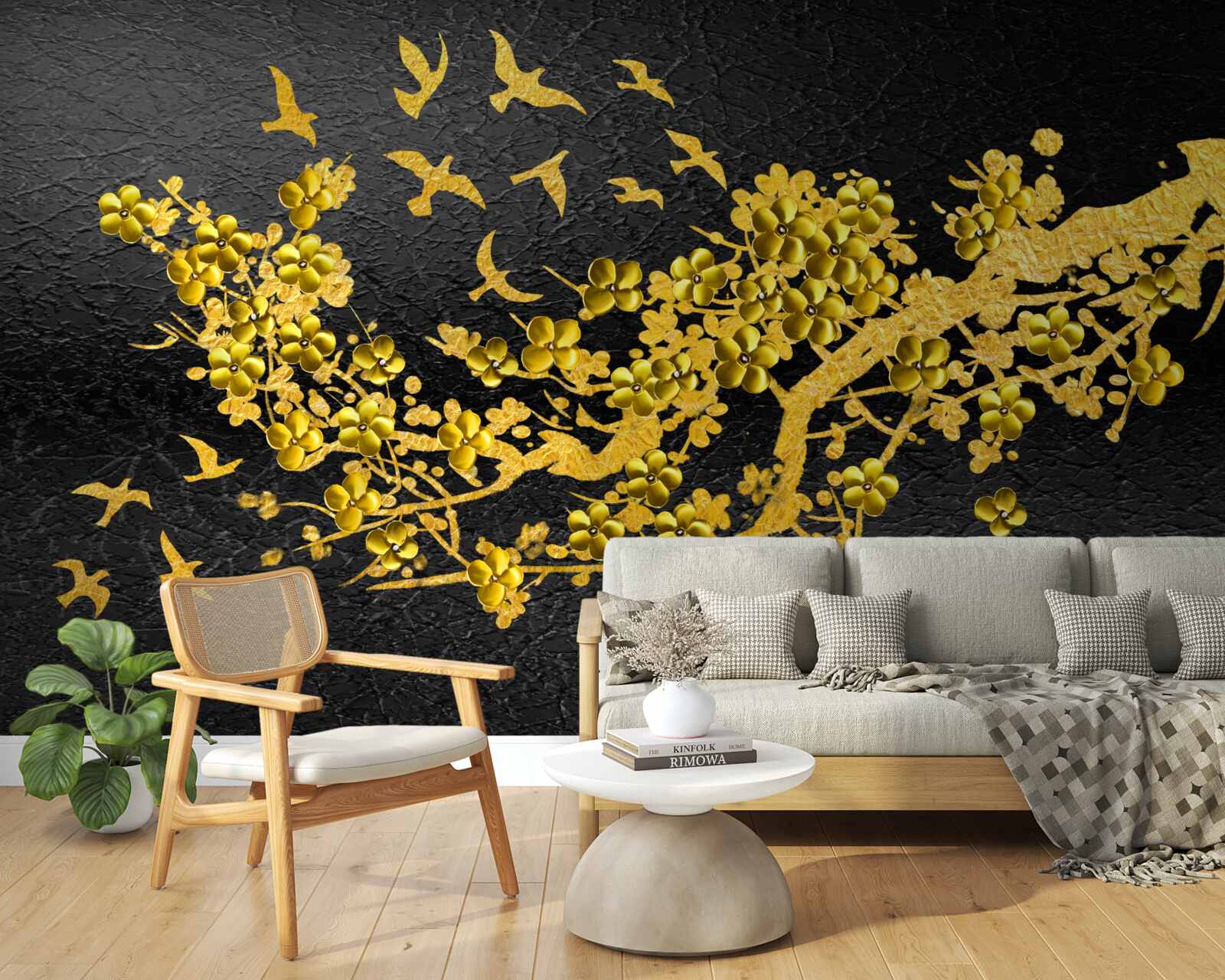 Fotobehang kleine gele bloemen en vogels