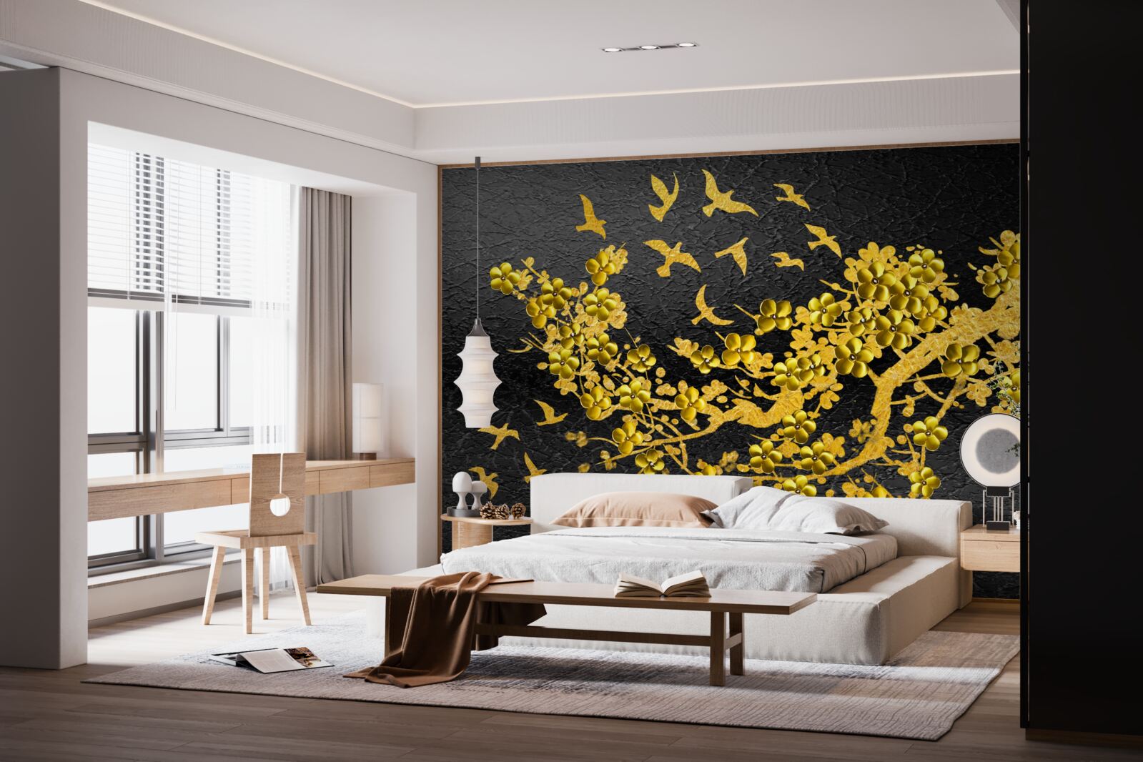 Fotobehang kleine gele bloemen en vogels